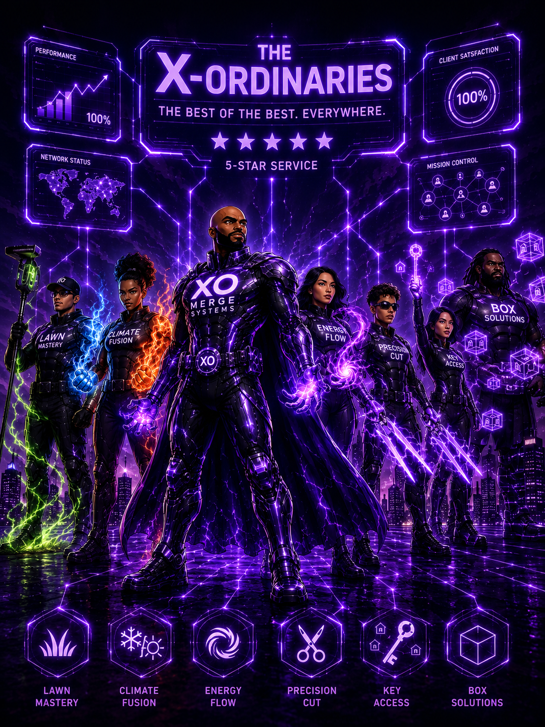 The X-Ordinaries — a league of local service heroes in purple superhero armor