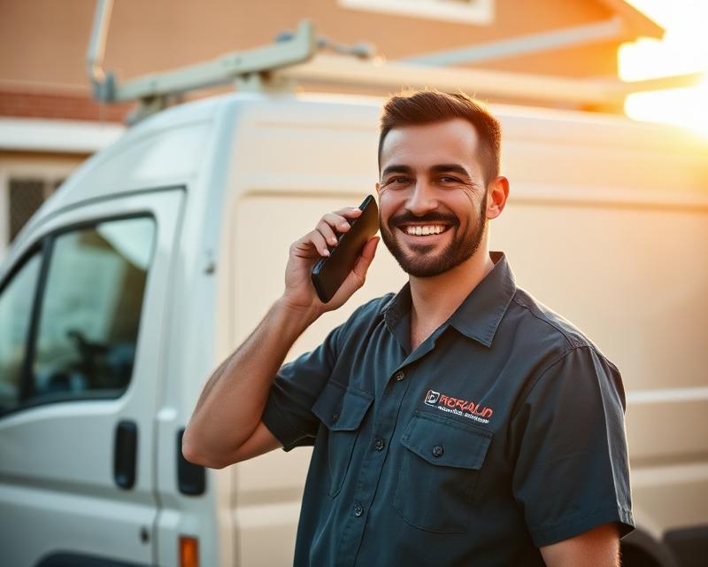 A local tradesperson smiling on the phone in front of a work van