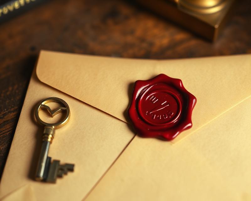 A confidential folder sealed with wax and a brass key