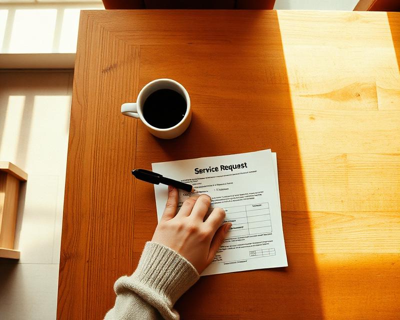 A person filling out a service request form on a wooden table